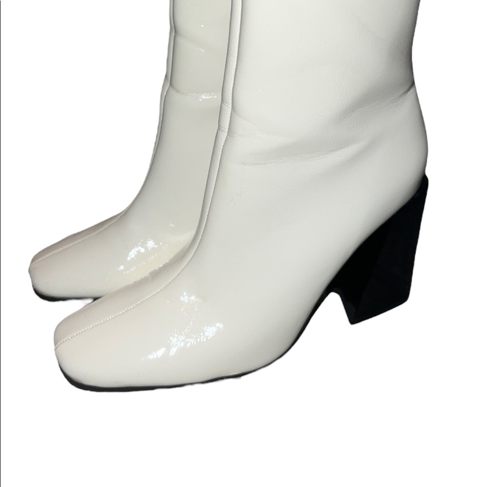 Off White Square Toe Block Heel Ankle Boot